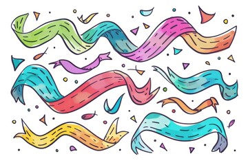 Fototapeta premium Cartoon cute doodles of flowing ribbons in the wind, Generative AI