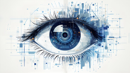 Digital eye on futuristic backdrop, representing modernity.