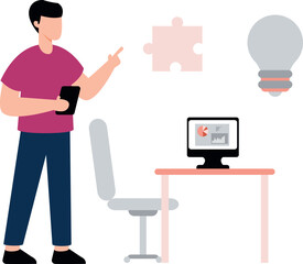 The boy is pointing at the idea bulb.