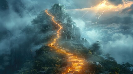 Fototapeta premium Pathway to the mountain Peak of natural, Illuminated path to success