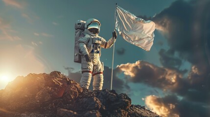 An astronaut scaling mountain with empty flag on journey to success under cosmic sky, Conquering new horizons