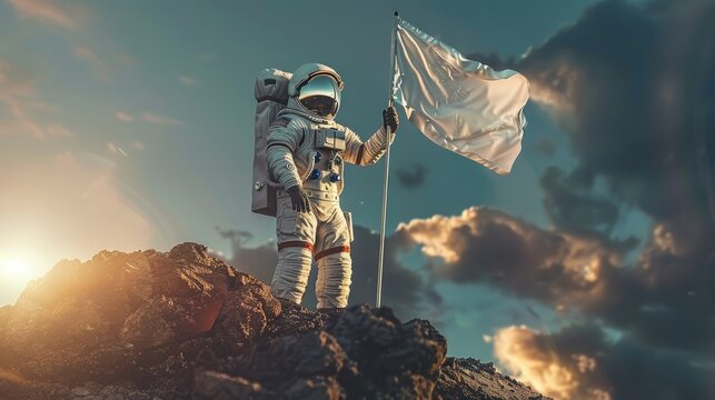 An astronaut scaling mountain with empty flag on journey to success under cosmic sky, Conquering new horizons