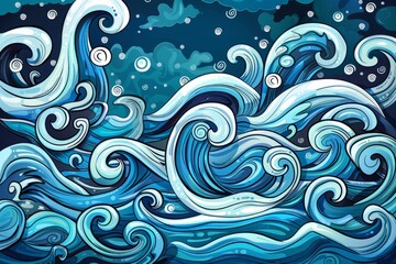 Fototapeta premium Cartoon cute doodles of swirling waves in the ocean, Generative AI