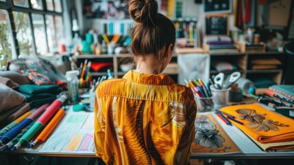Obraz premium Stylish female fashion designer sketching new ideas in neat workspace