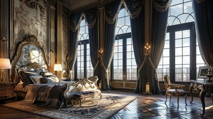 A luxurious bedroom with high ceilings, a dramatic window wall with dark, floor-length blackout...
