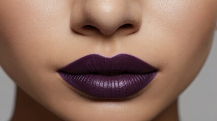 Fototapeta premium Close up of dark purple mate lipstick on lips opwn mouth ai generative 