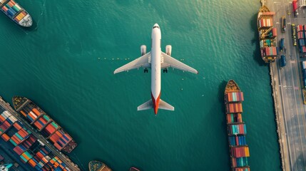 Aerial view of a cargo plane in flight, overlooking a busy port with colorful containers and massive cargo ships docked