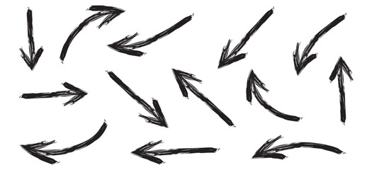 Set of abstract hand drawn arrows different direction and points. Isolated collection on a white background. Bold paint object for use in your design. Vector doodle black arrows icons. Brush stroke.