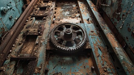 Fototapeta premium A dilapidated elevator shaft in a forsaken building, with peeling paint, corroded gears, and a sense of forgotten history