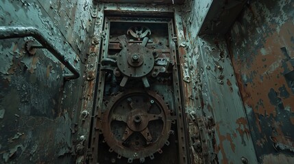 A dilapidated elevator shaft in a forsaken building, with peeling paint, corroded gears, and a sense of forgotten history