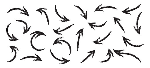 Set of abstract hand drawn arrows different direction and points. Isolated collection on a white background. Bold paint object for use in your design. Vector doodle black arrows icons. Brush stroke.