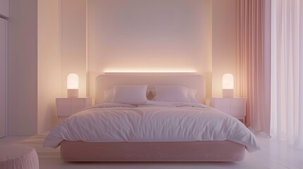 A minimal white bedroom with a pink girls bed, two modern lamps on bedside tables, clean and simple design, soft lighting, and uncluttered space