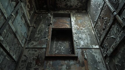 Fototapeta premium Abandoned building's elevator shaft, enveloped in shadows, with intricate details of wear and neglect, evoking a haunting atmosphere