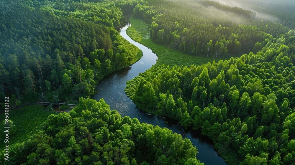 Poster a breathtaking aerial view of a lush green forest with a winding river flowing through it, creating 