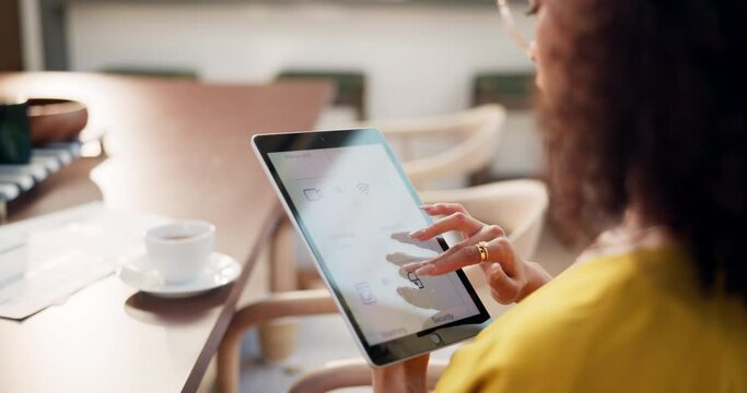 Home, tablet and woman with scroll on screen for user experience, option and digital application. Hand, person and settings with menu on tech for software, multimedia search and internet connection
