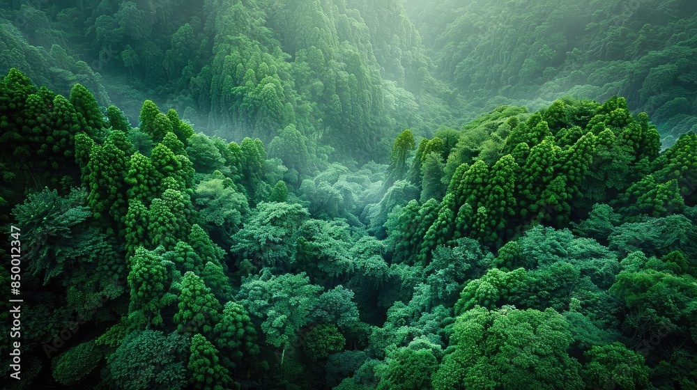 Poster a breathtaking view of lush, green forest with mist covering the treetops, creating a serene and pea