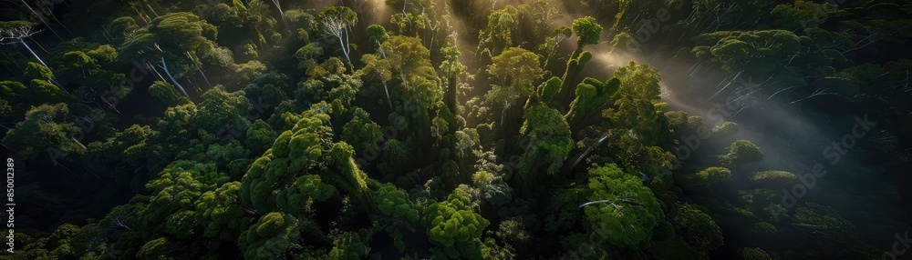 Poster Aerial view of a lush, green forest canopy with rays of sunlight filtering through the trees, creating a serene and tranquil atmosphere.