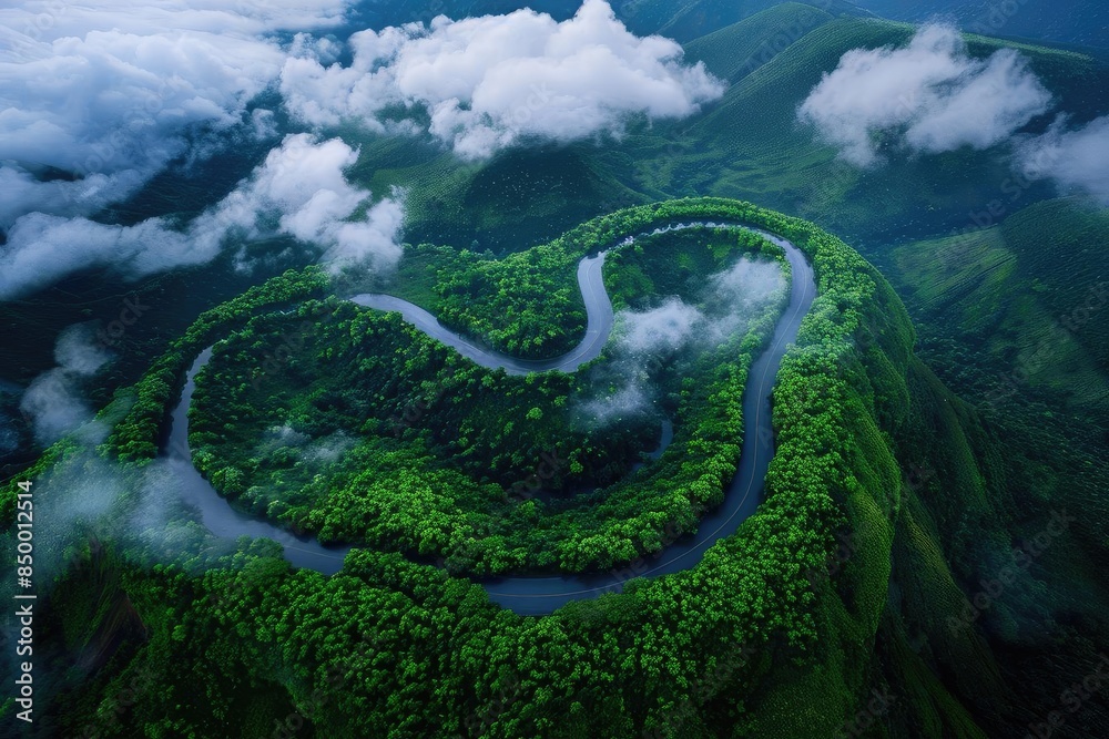 Poster aerial view of a lush green forest surrounding a winding river in a cloud-covered valley, forming a 