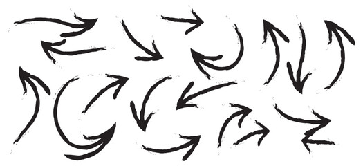 Set of abstract hand drawn arrows different direction and points. Isolated collection on a white background. Bold paint object for use in your design. Vector doodle black arrows icons. Brush stroke.