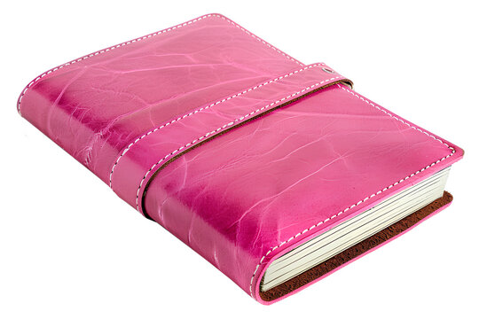 pink notebook isolated, vintage leather diary 