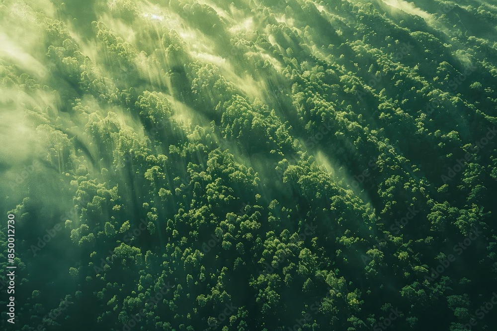 Poster aerial view of mist-covered forest with sunrays creating dramatic shadows across the lush green cano