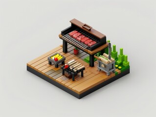 3D pixel art illustration of a BBQ grill with red hot steaks, outdoor cooking setup with tools and plants on a wooden deck.