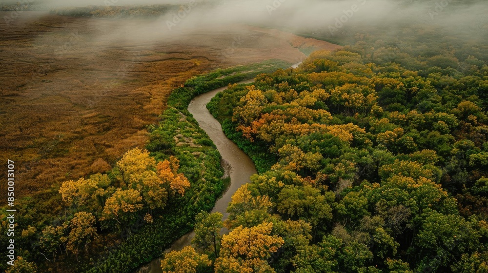 Poster Aerial view of a meandering river surrounded by dense forest in autumn, with mist hovering above the landscape creating a serene atmosphere.