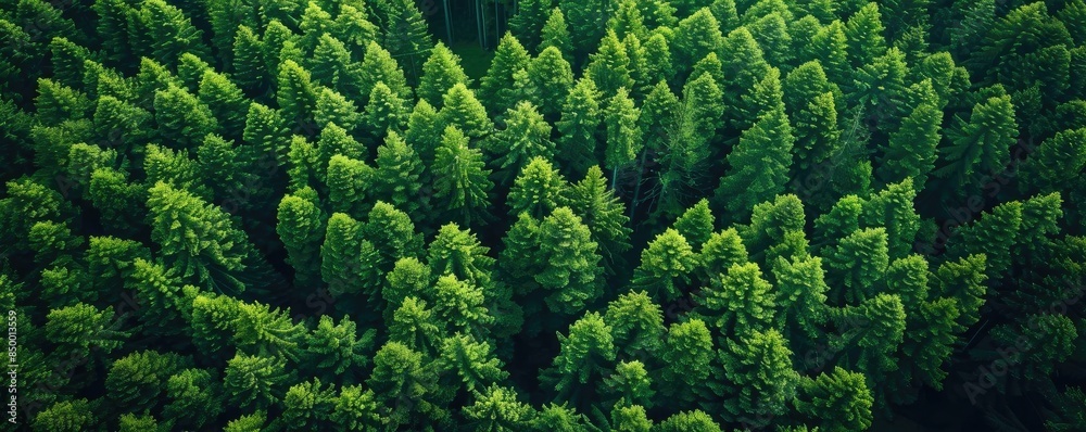 Poster aerial view of a dense forest showcasing lush green trees tightly packed together creating a serene 