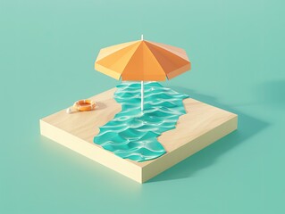 Minimalist beach scene with an orange umbrella and swimming pool on a wooden platform, featuring pastel colors and simplistic design.