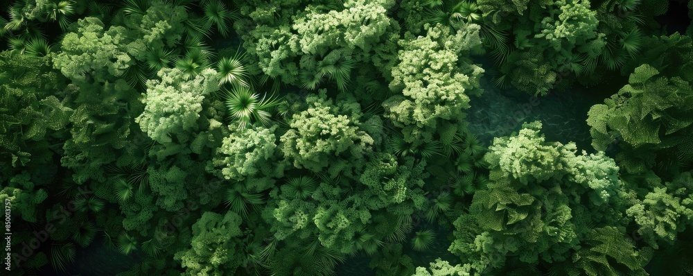 Poster aerial view of a lush green forest with dense foliage covering the landscape, creating a serene and 