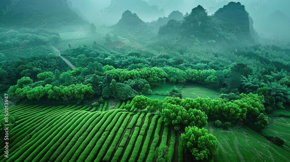 Aufkleber aerial view of lush green terraced fields surrounded by misty mountains and dense forest, creating a