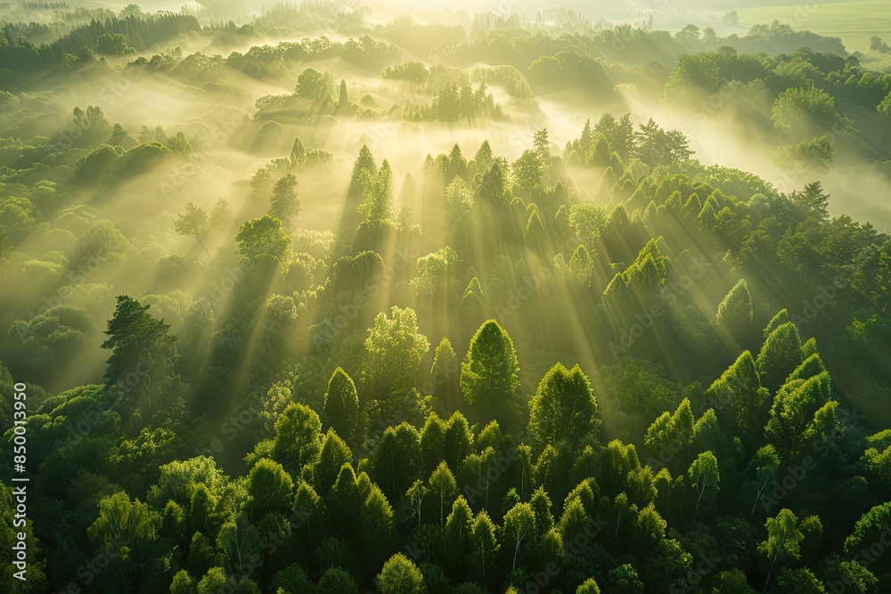 Poster a stunning aerial view of a forest at sunrise, with sunbeams piercing through the fog and trees, cre