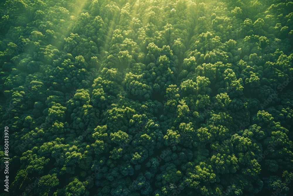 Poster Aerial view of lush green forest with sunlight filtering through trees, creating a serene and peaceful natural landscape.