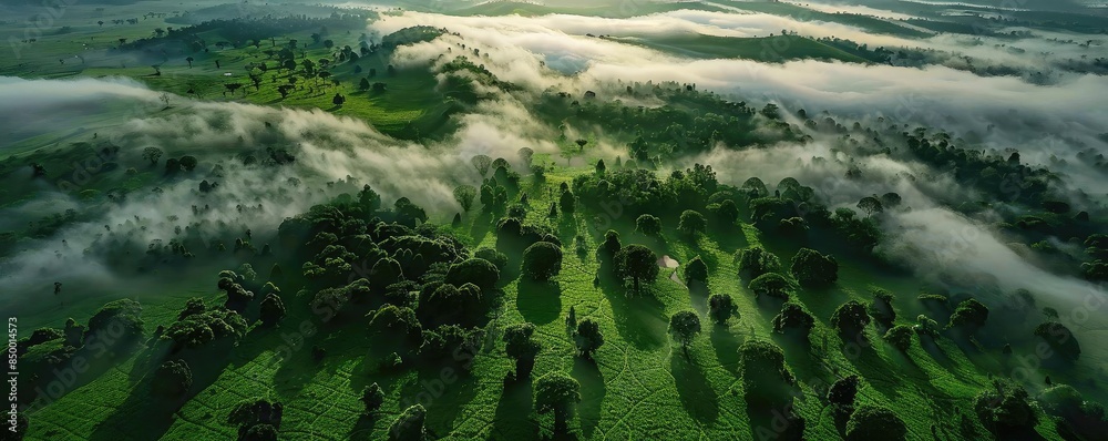 Poster aerial view of a lush green landscape with scattered trees and low-hanging clouds, bathed in soft su