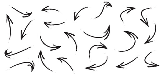 Set of black hand drawn grunge doodle spiral and curved charcoal, chalk arrows on white background. Scribble symbols of direction pointers, swirl arrow elements for infographic design in eps 10.