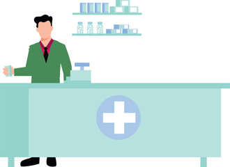 A boy stands at the reception of a pharmacy.