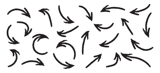 Set of black hand drawn grunge doodle spiral and curved charcoal, chalk arrows on white background. Scribble symbols of direction pointers, swirl arrow elements for infographic design in eps 10.