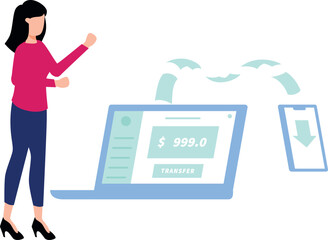 A girl is transferring money from laptop to mobile.