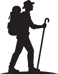 man with backpack and walking stick, adventure on mountain silhouette vector art