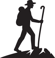 man with backpack and walking stick, adventure on mountain silhouette vector art