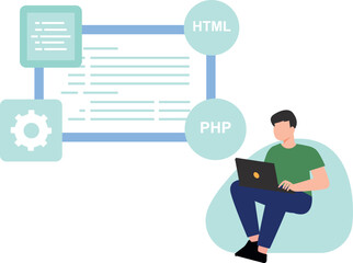 Obraz premium Boy is coding in different languages ​​on laptop.