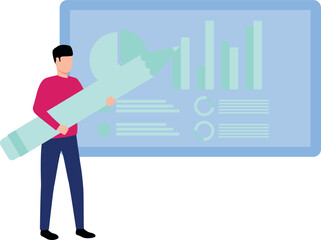 The boy is pointing at the graph with a pencil.