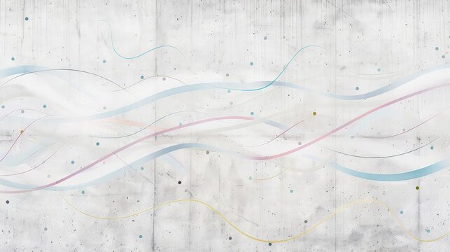 A minimalist abstract graffiti design on a concrete wall, featuring thin, wavy lines and random dots in pastel colors against a stark white background, offering a modern art texture.