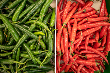 Red and Green Cabai (Capsicum frutescens), a wild hot chili pepper for cooking