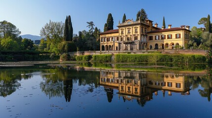 Italian Villa Reflecting on a Calm Lake