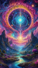 Fantasy landscape with psychedelic bright colorful sky and galaxies moving in spiral above beautiful nature with mountains and river, vertical background