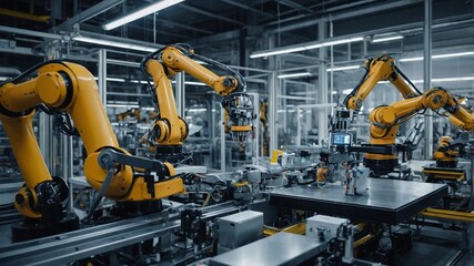 Fototapeta premium High-tech industrial robot arm working on an assembly line in a modern factory, concept of automation