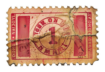 Obraz premium Torn vintage postage stamp in red png isolated on transparent background
