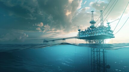 Obraz premium Illustrate a high voltage distribution system powering an offshore oil rig, with transmission lines stretching across the ocean to the remote platform