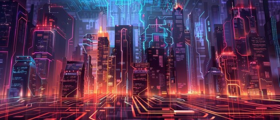 Modern futuristic digital circuit city building background. 